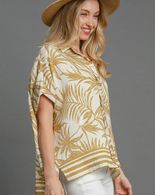 Umgee Full Size Tropical Print Button Down Shirt Plus Size - kesiy