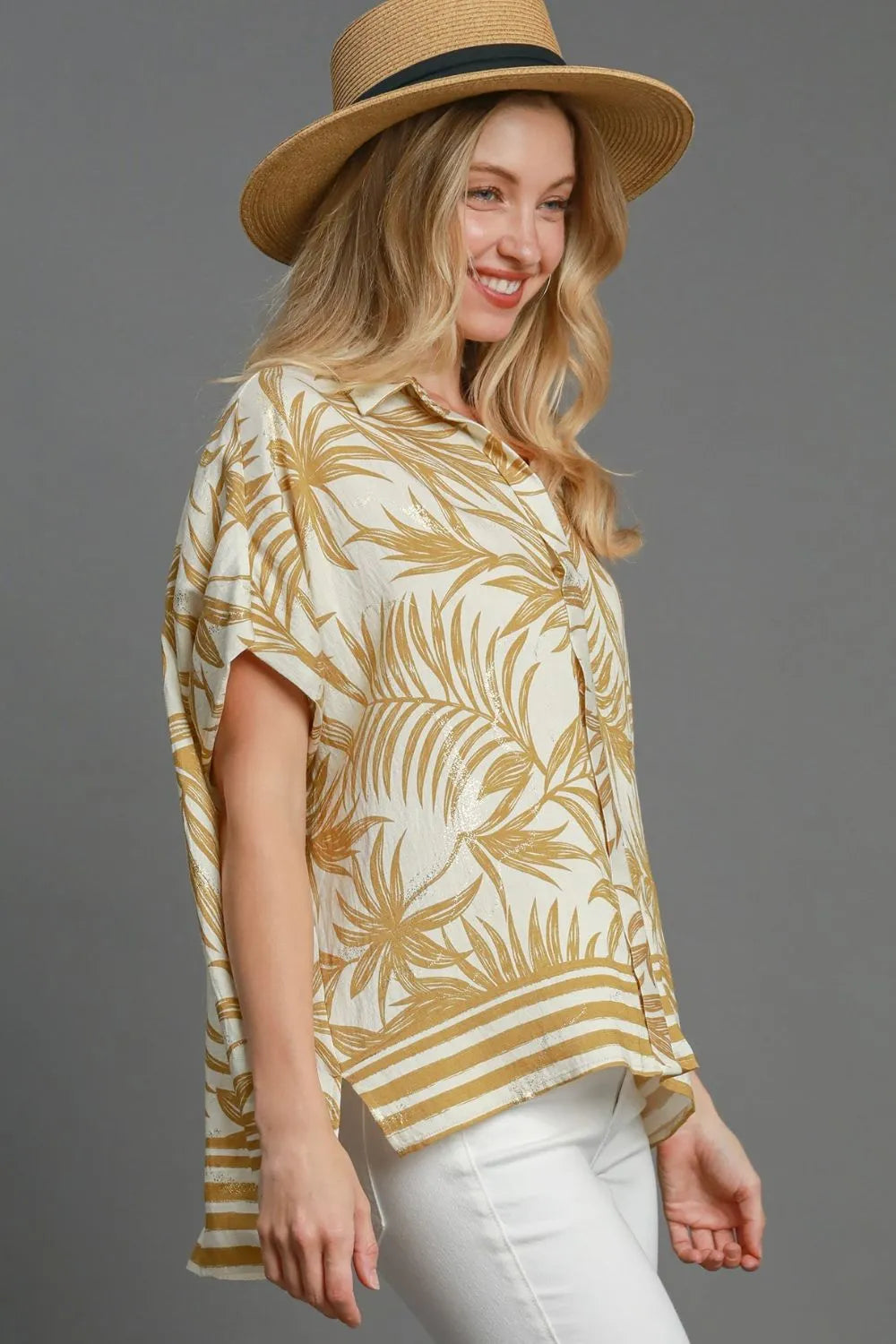 Umgee Full Size Tropical Print Button Down Shirt Plus Size - kesiy