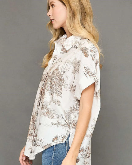 Umgee Full Size Two Tone Print Button Up Short Sleeve Shirt Plus Size - kesiy
