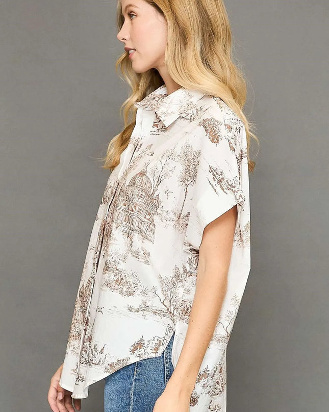 Umgee Full Size Two Tone Print Button Up Short Sleeve Shirt Plus Size - kesiy