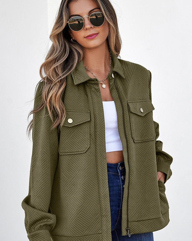 Women's Casual Lapel Texture Solid Color Long Sleeve Jacket