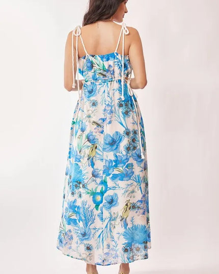 Davi & Dani Tropical Boho Printed Detail Cut Out Maxi Dress - kesiy