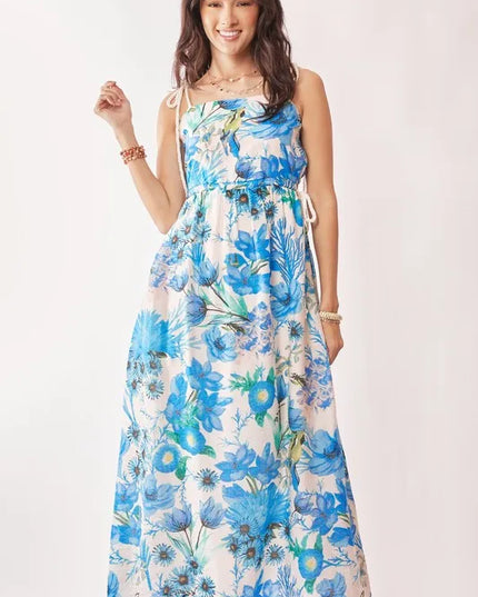 Davi & Dani Tropical Boho Printed Detail Cut Out Maxi Dress - kesiy