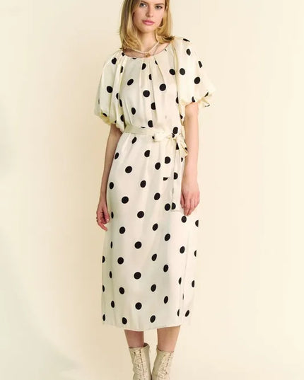 Davi & Dani Polka Dot Puff Sleeves Waist Tie Midi Dress - kesiy