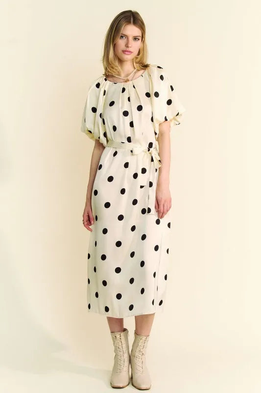 Davi & Dani Polka Dot Puff Sleeves Waist Tie Midi Dress - kesiy