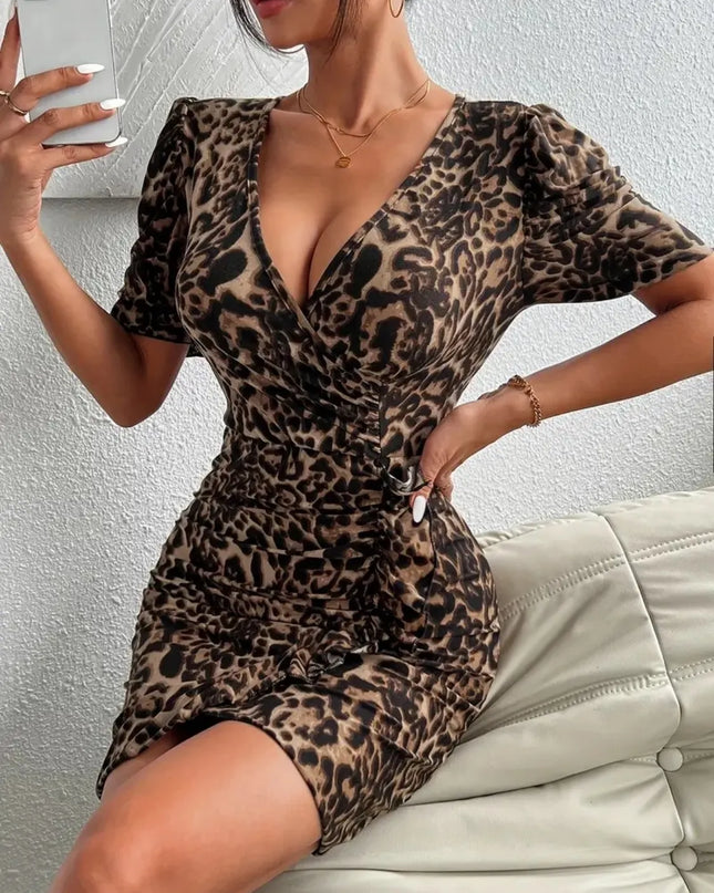 Ruffled Leopard Short Sleeve Mini Dress - kesiy