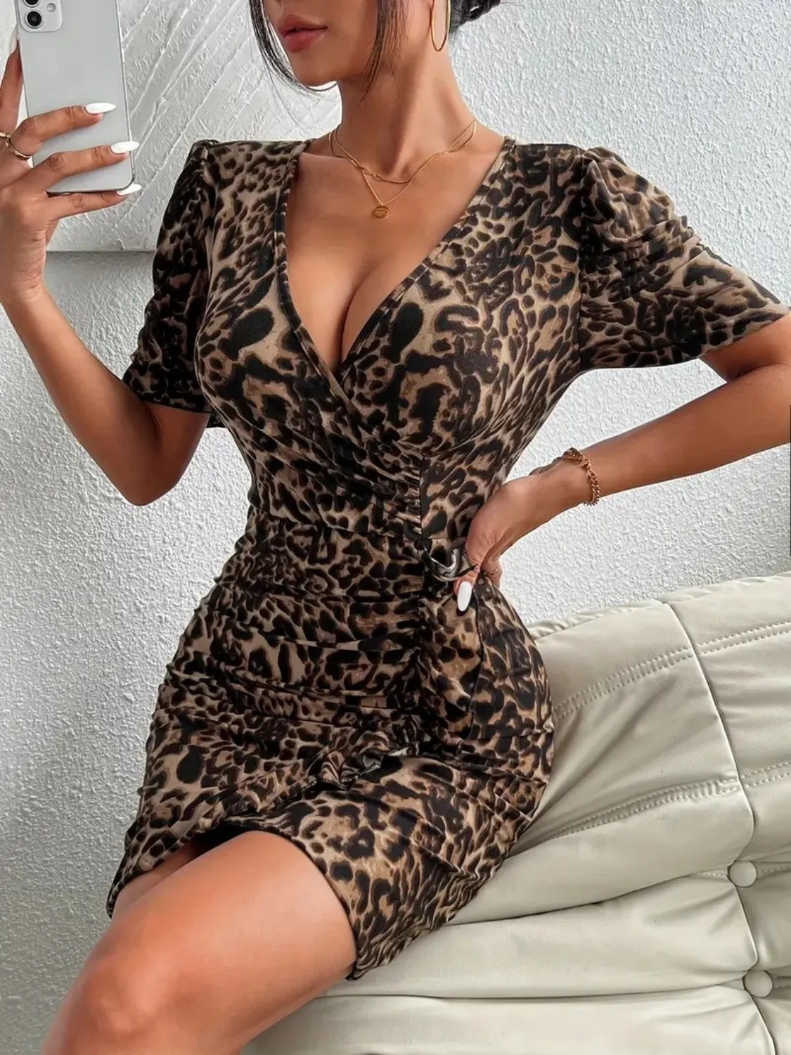 Ruffled Leopard Short Sleeve Mini Dress - kesiy