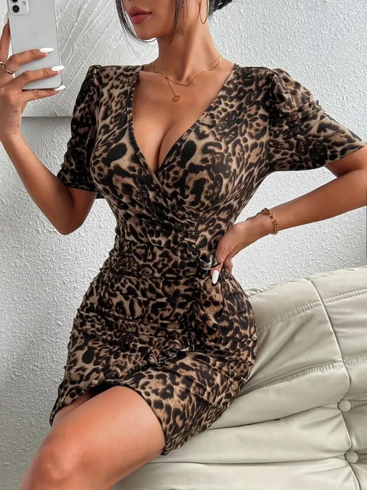 Ruffled Leopard Short Sleeve Mini Dress - kesiy