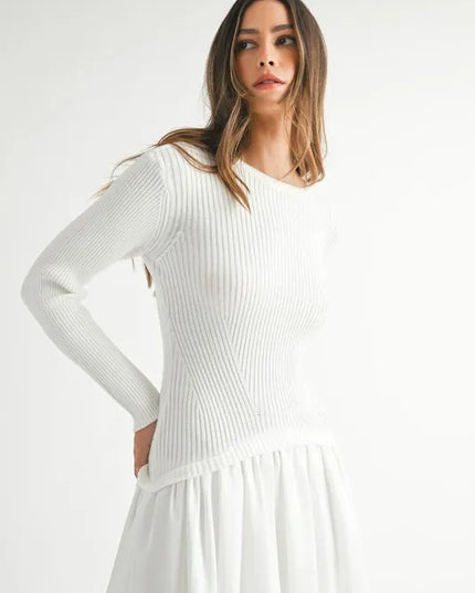 MABLE Ribbed Poplin Mix Midi Sweater Dress - kesiy