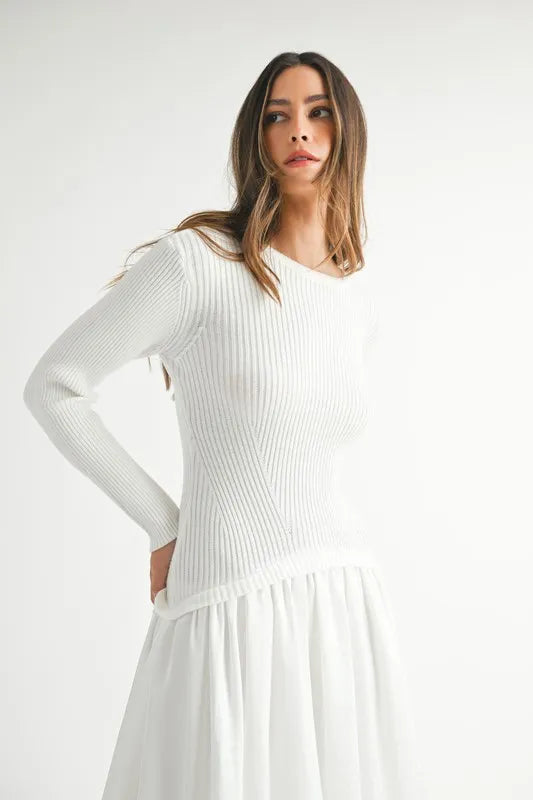MABLE Ribbed Poplin Mix Midi Sweater Dress - kesiy