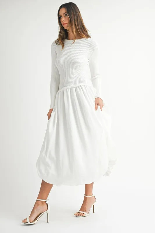 MABLE Ribbed Poplin Mix Midi Sweater Dress - kesiy