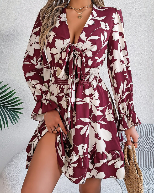Tied Ruffled Printed Long Sleeve Dress - kesiy